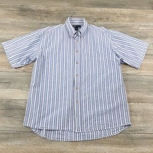R&R Casuals Mens Large Short Sleeve Shirt Seersucker Sport Blue White Striped